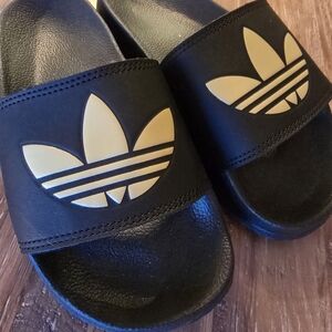 Adidas Womens Black Slides with Gold Logo